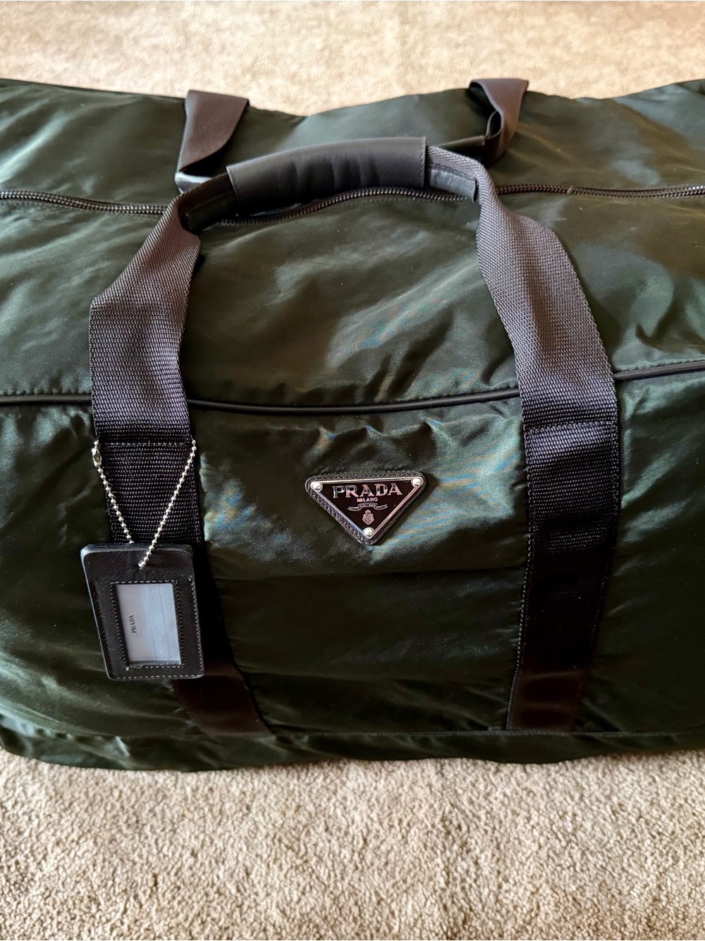 Prada Large Green Nylon Duffel Bag w/Black Straps, Leather Handles, Tag & Lock!